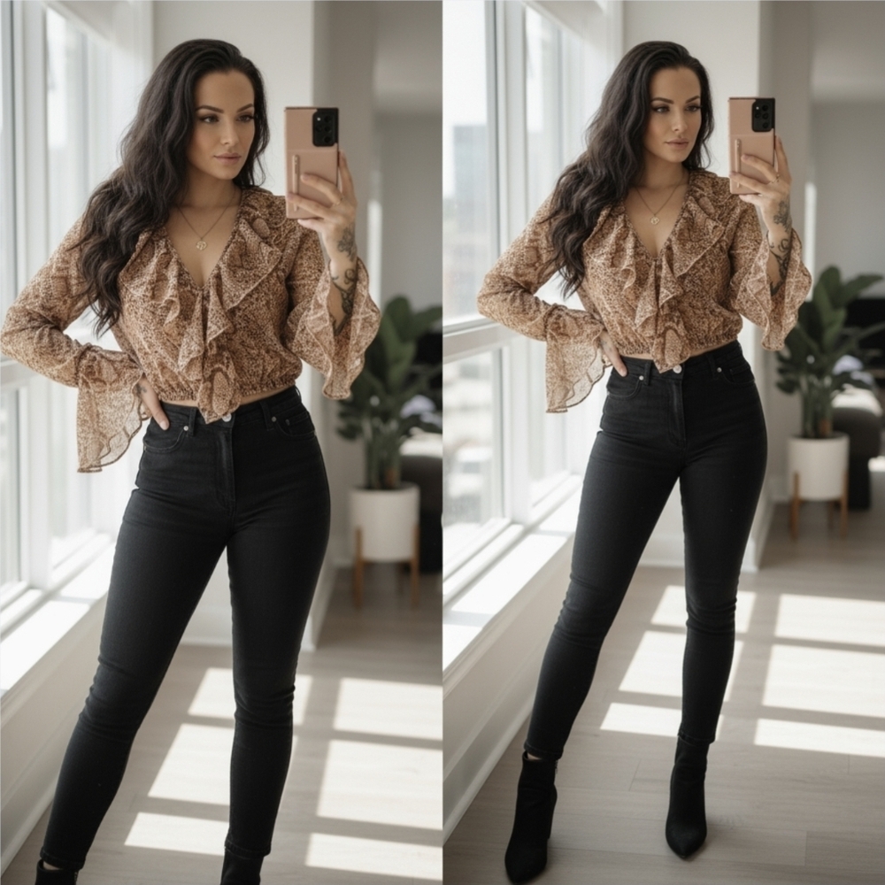 Nasty Gal ✦ Snake Print Chiffon Blouse ✦ Flute Sleeve Ruffle Cropped V‑Neck Sz 4 - Picture 3 of 7